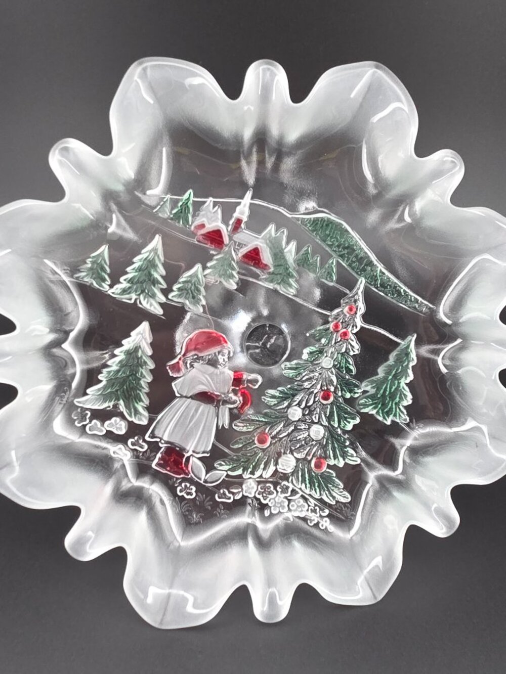 Rare Vintage Mikasa Frosted Glass Christmas Story Colored Pedestal Dish